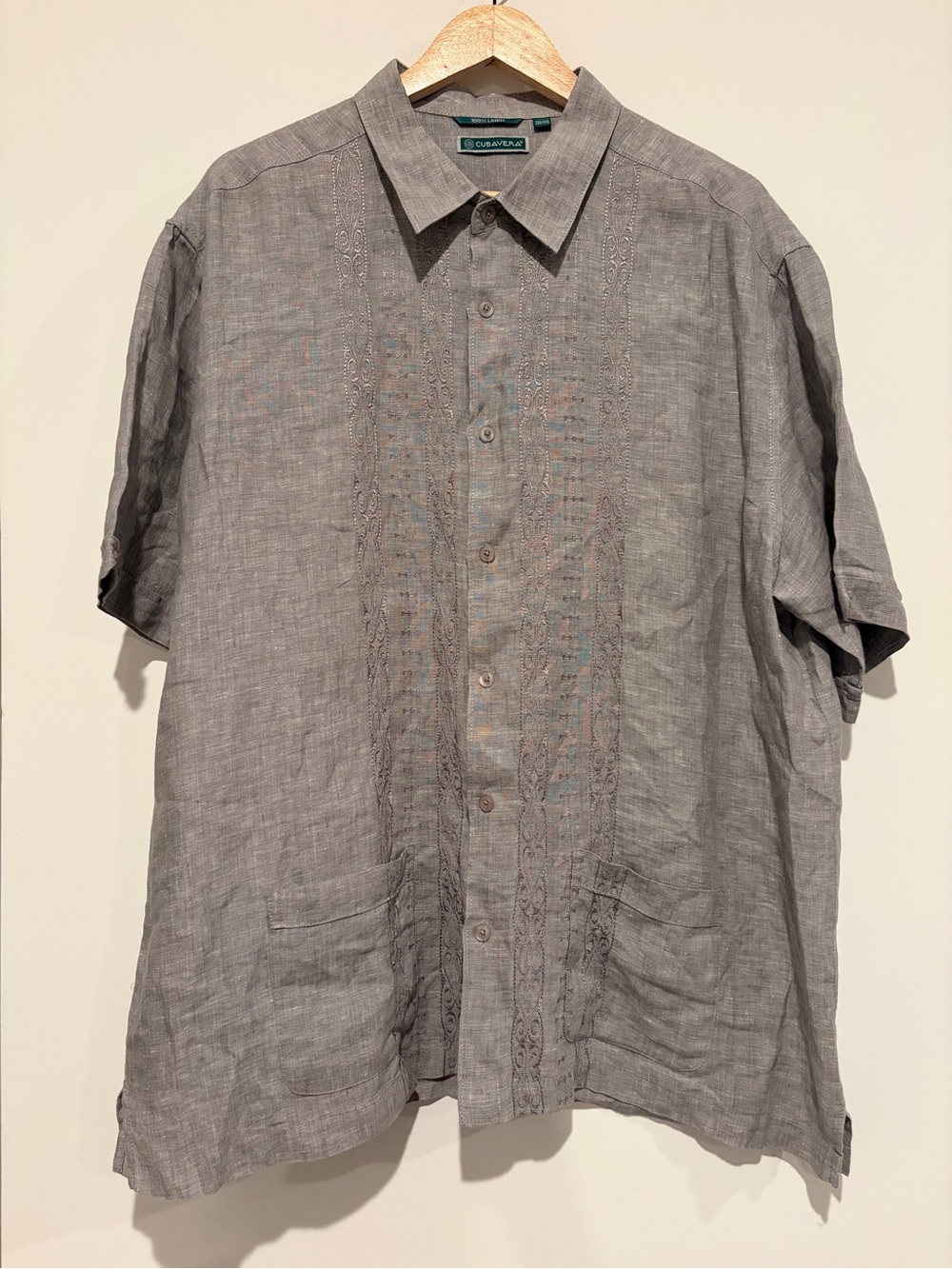 Cubavera Size 2XB Grey 100% Linen Embroidered Guayabera Short Sleeve Camp Shirt
